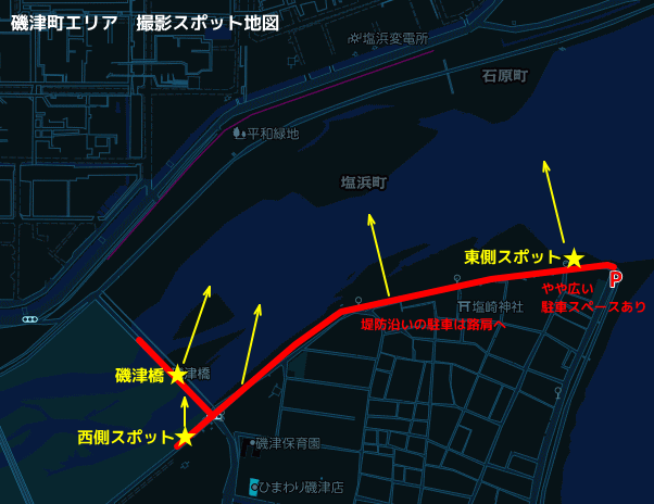 四日市市　磯津・鈴鹿川河口周辺の工場夜景スポットの地図