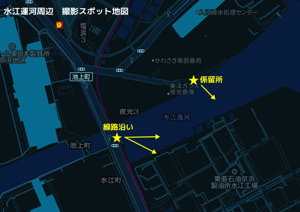 川崎市　水江運河周辺の工場夜景スポットマップ