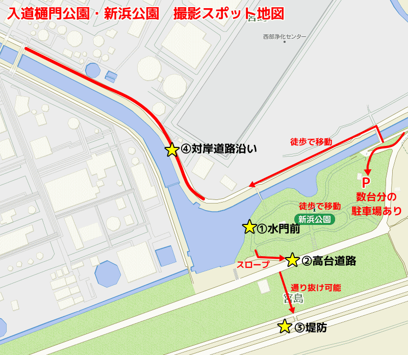 富士市　入道樋門公園（新浜公園）の工場夜景スポット地図